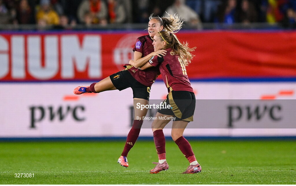 28 October 2025; Tessa Wullaert of Belgium, left, celebrates with teammate Janice Cayman after scoring their side's first goal during the UEFA Women's Nations League A/B promotion/relegation play-off second leg match between Belgium and Republic of Ireland at The King Power At Den Dreef Stadium in Leuven, Belgium. Photo by Stephen McCarthy/Sportsfile