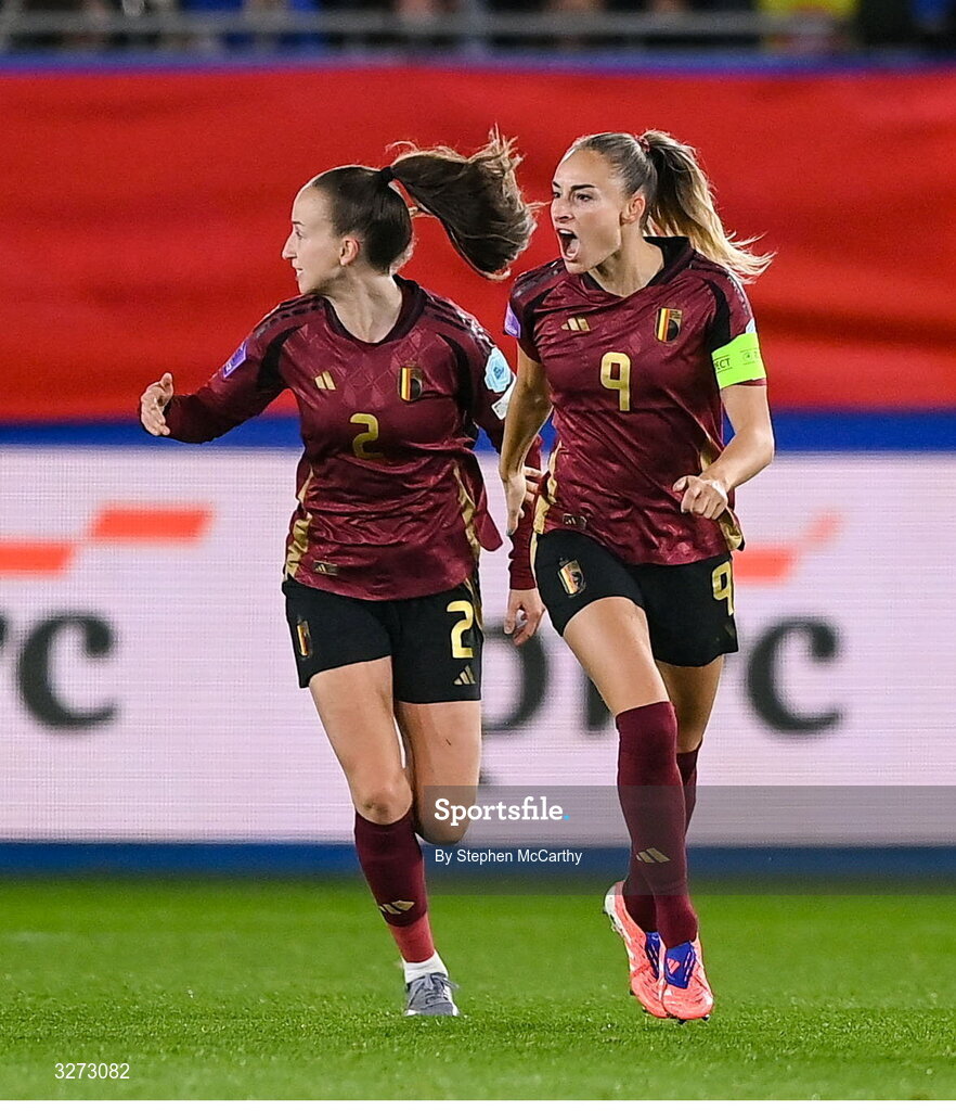 28 October 2025; Tessa Wullaert of Belgium celebrates after scoring her side's first goal during the UEFA Women's Nations League A/B promotion/relegation play-off second leg match between Belgium and Republic of Ireland at The King Power At Den Dreef Stadium in Leuven, Belgium. Photo by Stephen McCarthy/Sportsfile