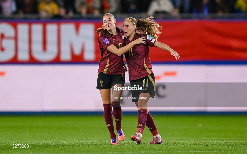 28 October 2025; Tessa Wullaert of Belgium, left, celebrates with teammate Janice Cayman after scoring their side's first goal during the UEFA Women's Nations League A/B promotion/relegation play-off second leg match between Belgium and Republic of Ireland at The King Power At Den Dreef Stadium in Leuven, Belgium. Photo by Stephen McCarthy/Sportsfile