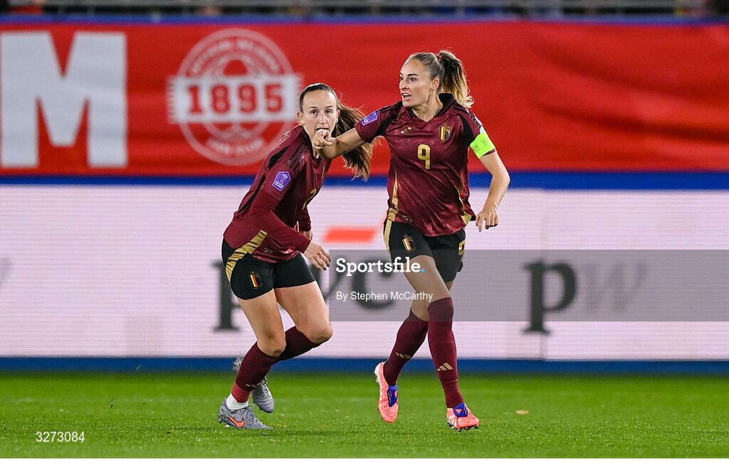 28 October 2025; Tessa Wullaert of Belgium celebrates after scoring her side's first goal during the UEFA Women's Nations League A/B promotion/relegation play-off second leg match between Belgium and Republic of Ireland at The King Power At Den Dreef Stadium in Leuven, Belgium. Photo by Stephen McCarthy/Sportsfile