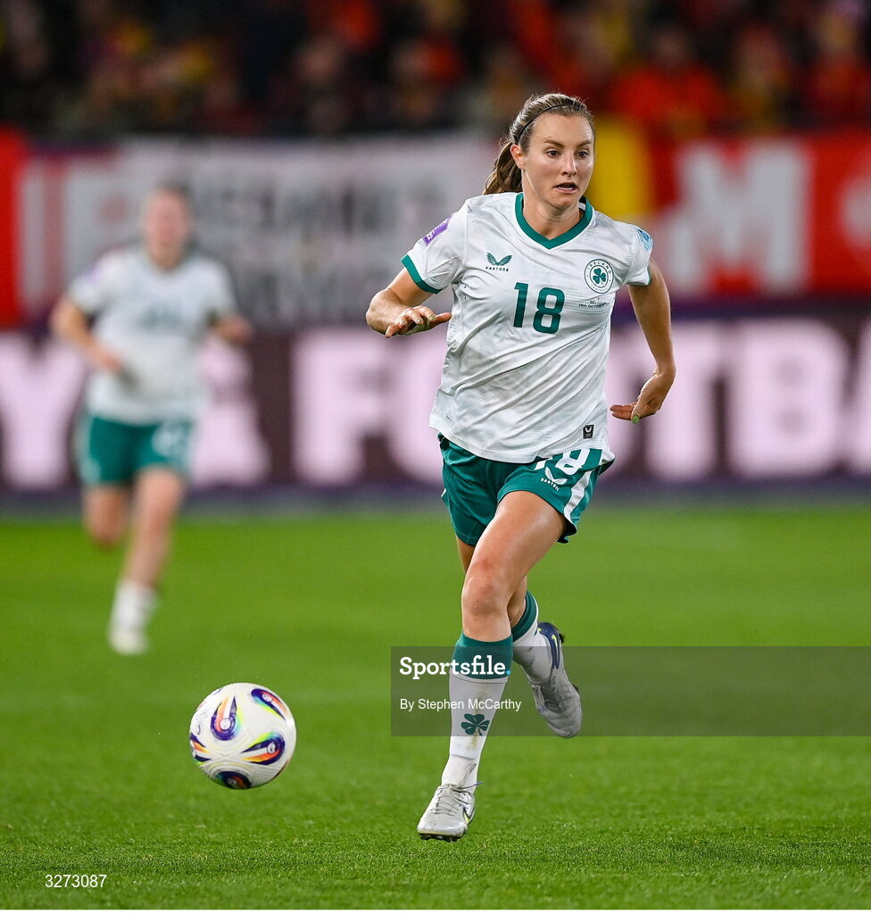 28 October 2025; Kyra Carusa of Republic of Ireland during the UEFA Women's Nations League A/B promotion/relegation play-off second leg match between Belgium and Republic of Ireland at The King Power At Den Dreef Stadium in Leuven, Belgium. Photo by Stephen McCarthy/Sportsfile