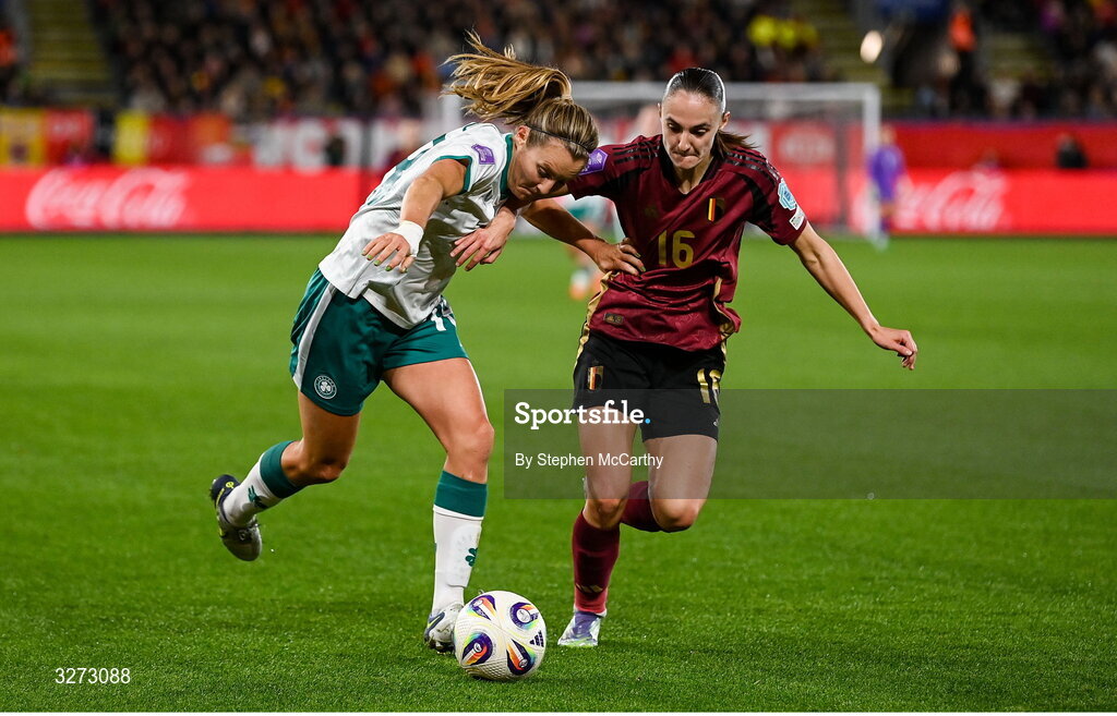 28 October 2025; Kyra Carusa of Republic of Ireland in action against Zenia Mertens of Belgium during the UEFA Women's Nations League A/B promotion/relegation play-off second leg match between Belgium and Republic of Ireland at The King Power At Den Dreef Stadium in Leuven, Belgium. Photo by Stephen McCarthy/Sportsfile