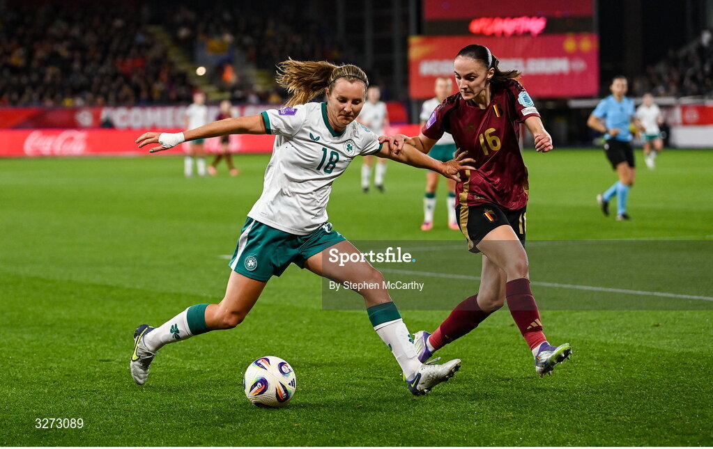 28 October 2025; Kyra Carusa of Republic of Ireland in action against Zenia Mertens of Belgium during the UEFA Women's Nations League A/B promotion/relegation play-off second leg match between Belgium and Republic of Ireland at The King Power At Den Dreef Stadium in Leuven, Belgium. Photo by Stephen McCarthy/Sportsfile