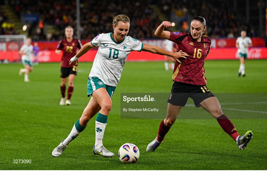 28 October 2025; Kyra Carusa of Republic of Ireland in action against Zenia Mertens of Belgium during the UEFA Women's Nations League A/B promotion/relegation play-off second leg match between Belgium and Republic of Ireland at The King Power At Den Dreef Stadium in Leuven, Belgium. Photo by Stephen McCarthy/Sportsfile