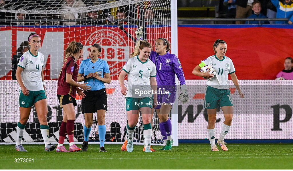 28 October 2025; Republic of Ireland players react after conceding their first goal during the UEFA Women's Nations League A/B promotion/relegation play-off second leg match between Belgium and Republic of Ireland at The King Power At Den Dreef Stadium in Leuven, Belgium. Photo by Stephen McCarthy/Sportsfile