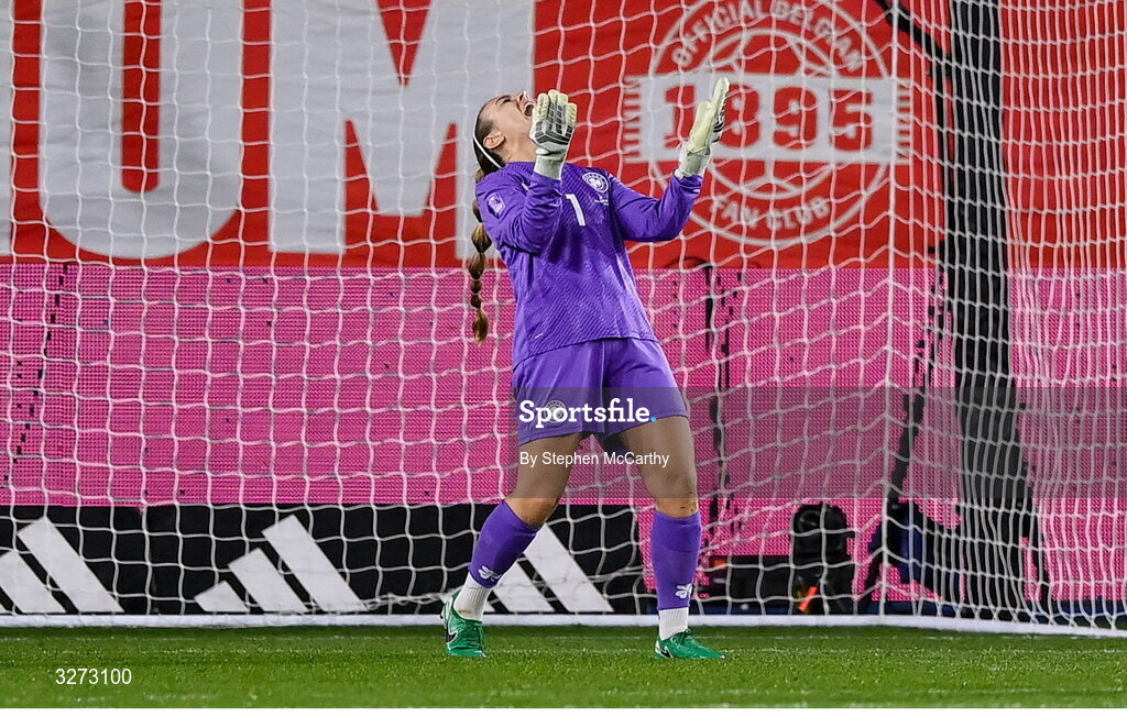 28 October 2025; Republic of Ireland goalkeeper Grace Moloney reacts after conceding a second goal during the UEFA Women's Nations League A/B promotion/relegation play-off second leg match between Belgium and Republic of Ireland at The King Power At Den Dreef Stadium in Leuven, Belgium. Photo by Stephen McCarthy/Sportsfile
