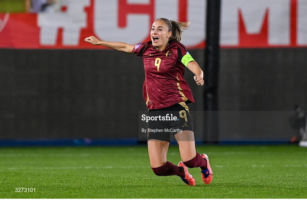 28 October 2025; Tessa Wullaert of Belgium celebrates after scoring her side's second goal during the UEFA Women's Nations League A/B promotion/relegation play-off second leg match between Belgium and Republic of Ireland at The King Power At Den Dreef Stadium in Leuven, Belgium. Photo by Stephen McCarthy/Sportsfile