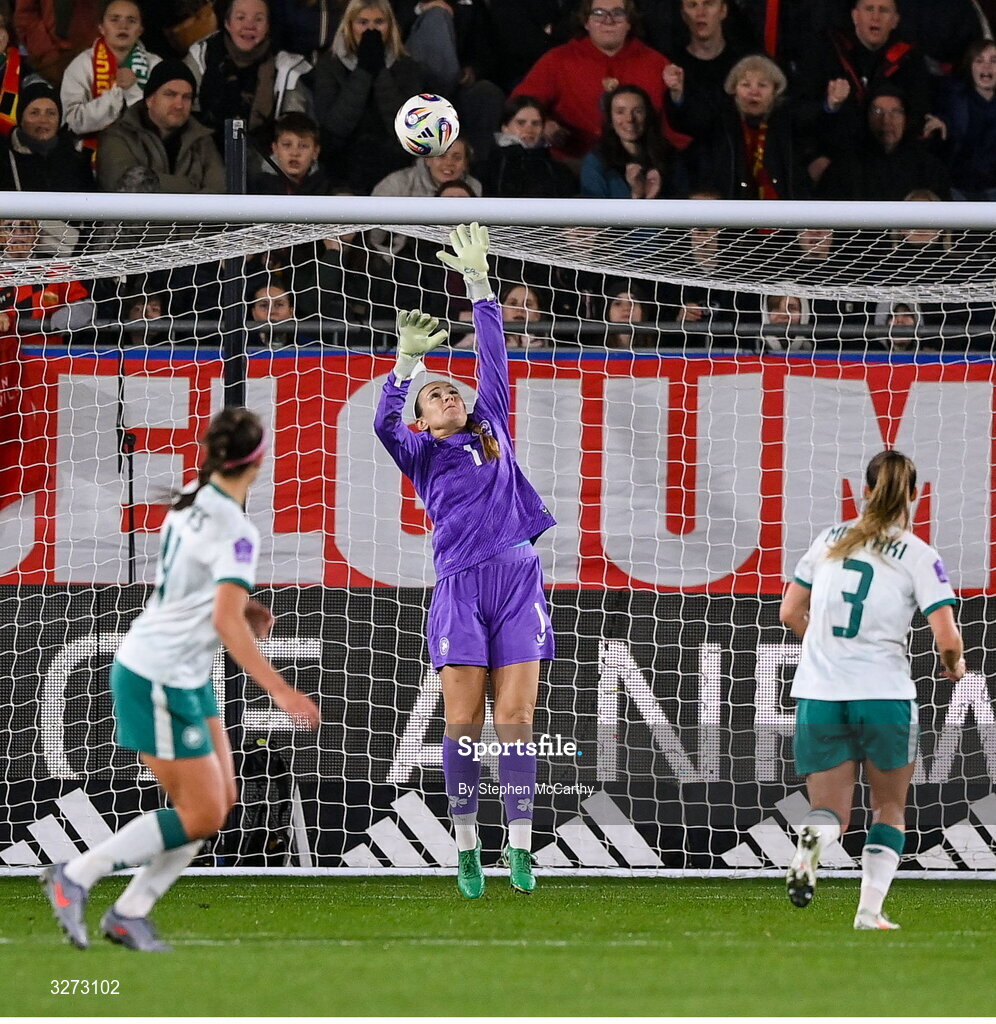 28 October 2025; Republic of Ireland goalkeeper Grace Moloney concedes a second goal during the UEFA Women's Nations League A/B promotion/relegation play-off second leg match between Belgium and Republic of Ireland at The King Power At Den Dreef Stadium in Leuven, Belgium. Photo by Stephen McCarthy/Sportsfile