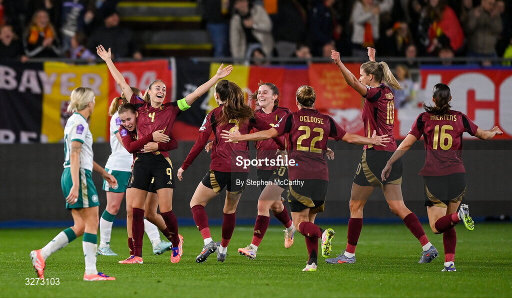 28 October 2025; Tessa Wullaert of Belgium, third from left, celebrates with teammates after scoring their side's second goal during the UEFA Women's Nations League A/B promotion/relegation play-off second leg match between Belgium and Republic of Ireland at The King Power At Den Dreef Stadium in Leuven, Belgium. Photo by Stephen McCarthy/Sportsfile