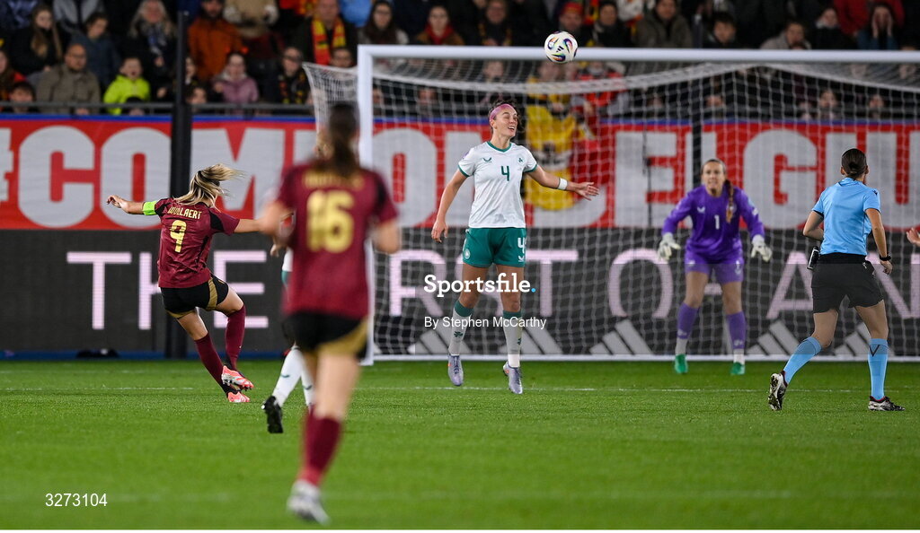 28 October 2025; Tessa Wullaert of Belgium scores her side's second goal during the UEFA Women's Nations League A/B promotion/relegation play-off second leg match between Belgium and Republic of Ireland at The King Power At Den Dreef Stadium in Leuven, Belgium. Photo by Stephen McCarthy/Sportsfile
