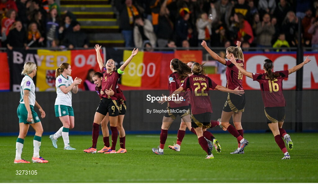 28 October 2025; Tessa Wullaert of Belgium, fourth from left, celebrates with teammates after scoring their side's second goal during the UEFA Women's Nations League A/B promotion/relegation play-off second leg match between Belgium and Republic of Ireland at The King Power At Den Dreef Stadium in Leuven, Belgium. Photo by Stephen McCarthy/Sportsfile