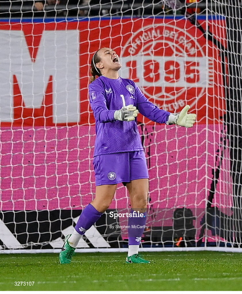 28 October 2025; Republic of Ireland goalkeeper Grace Moloney reacts after her side concede a second goal during the UEFA Women's Nations League A/B promotion/relegation play-off second leg match between Belgium and Republic of Ireland at The King Power At Den Dreef Stadium in Leuven, Belgium. Photo by Stephen McCarthy/Sportsfile