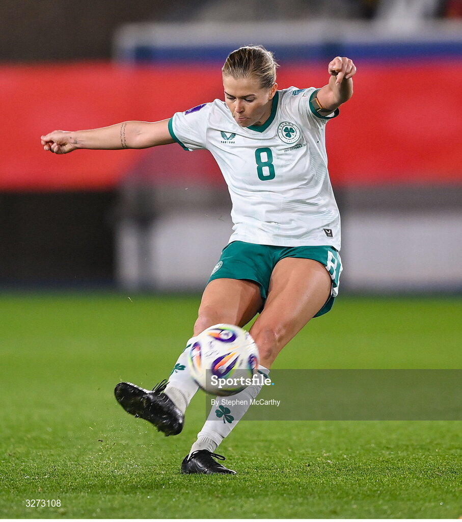 28 October 2025; Ruesha Littlejohn of Republic of Ireland during the UEFA Women's Nations League A/B promotion/relegation play-off second leg match between Belgium and Republic of Ireland at The King Power At Den Dreef Stadium in Leuven, Belgium. Photo by Stephen McCarthy/Sportsfile