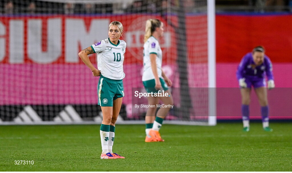 28 October 2025; Denise O’Sullivan of Republic of Ireland reacts after her side concede a second goal during the UEFA Women's Nations League A/B promotion/relegation play-off second leg match between Belgium and Republic of Ireland at The King Power At Den Dreef Stadium in Leuven, Belgium. Photo by Stephen McCarthy/Sportsfile