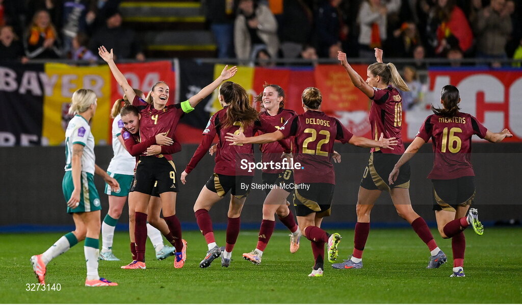 28 October 2025; Tessa Wullaert of Belgium, left, celebrates with teammates after scoring their side's second goal during the UEFA Women's Nations League A/B promotion/relegation play-off second leg match between Belgium and Republic of Ireland at The King Power At Den Dreef Stadium in Leuven, Belgium. Photo by Stephen McCarthy/Sportsfile