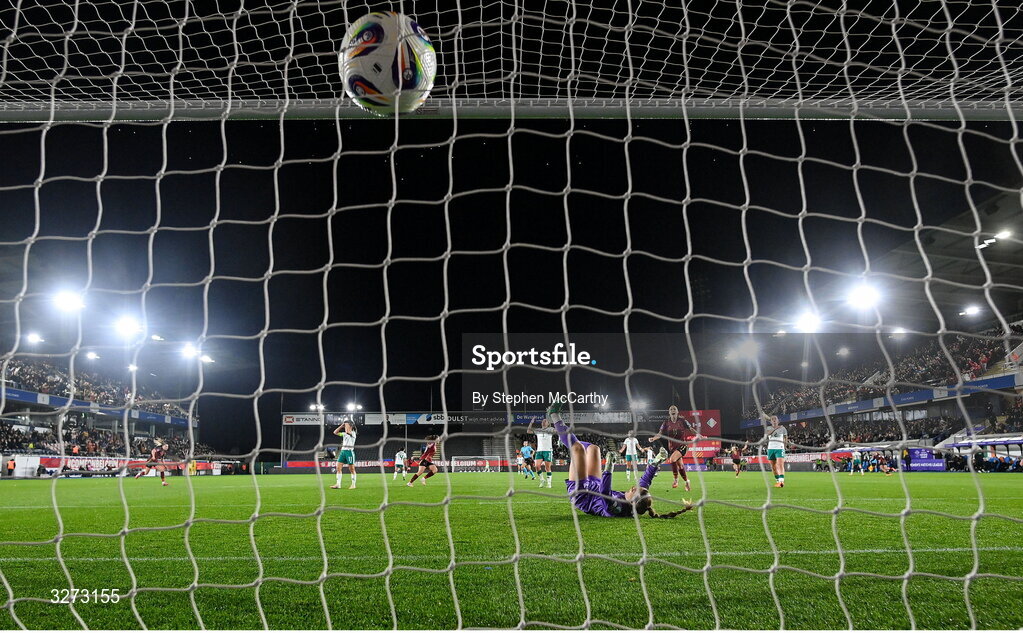 28 October 2025; Republic of Ireland goalkeeper Grace Moloney reacts after conceding her side's second goal during the UEFA Women's Nations League A/B promotion/relegation play-off second leg match between Belgium and Republic of Ireland at The King Power At Den Dreef Stadium in Leuven, Belgium. Photo by Stephen McCarthy/Sportsfile