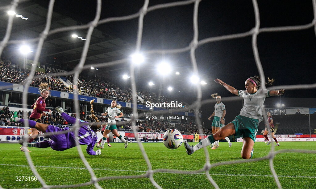 28 October 2025; Caitlin Hayes of Republic of Ireland fails to stop the shot of Tessa Wullaert of Belgium to concede their first goal during the UEFA Women's Nations League A/B promotion/relegation play-off second leg match between Belgium and Republic of Ireland at The King Power At Den Dreef Stadium in Leuven, Belgium. Photo by Stephen McCarthy/Sportsfile
