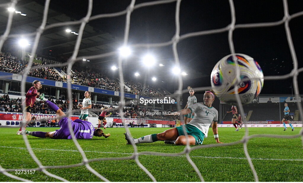 28 October 2025; Caitlin Hayes of Republic of Ireland reacts after her side concede their first goal during the UEFA Women's Nations League A/B promotion/relegation play-off second leg match between Belgium and Republic of Ireland at The King Power At Den Dreef Stadium in Leuven, Belgium. Photo by Stephen McCarthy/Sportsfile