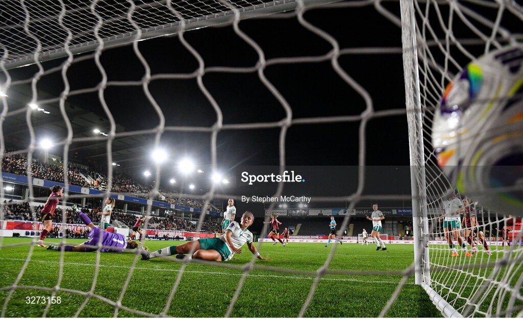 28 October 2025; Caitlin Hayes of Republic of Ireland reacts after her side concede their first goal during the UEFA Women's Nations League A/B promotion/relegation play-off second leg match between Belgium and Republic of Ireland at The King Power At Den Dreef Stadium in Leuven, Belgium. Photo by Stephen McCarthy/Sportsfile