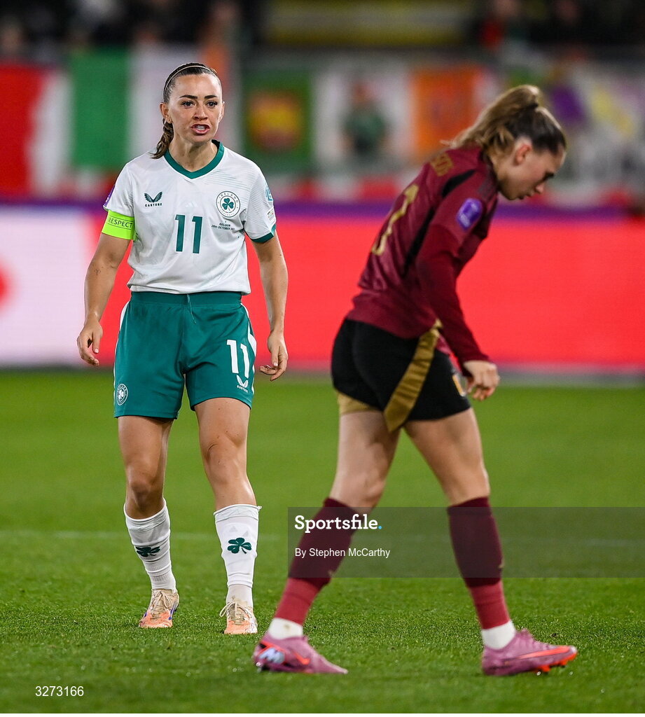 28 October 2025; Katie McCabe of Republic of Ireland shouts in the direction of Jill Janssens of Belgium during the UEFA Women's Nations League A/B promotion/relegation play-off second leg match between Belgium and Republic of Ireland at The King Power At Den Dreef Stadium in Leuven, Belgium. Photo by Stephen McCarthy/Sportsfile
