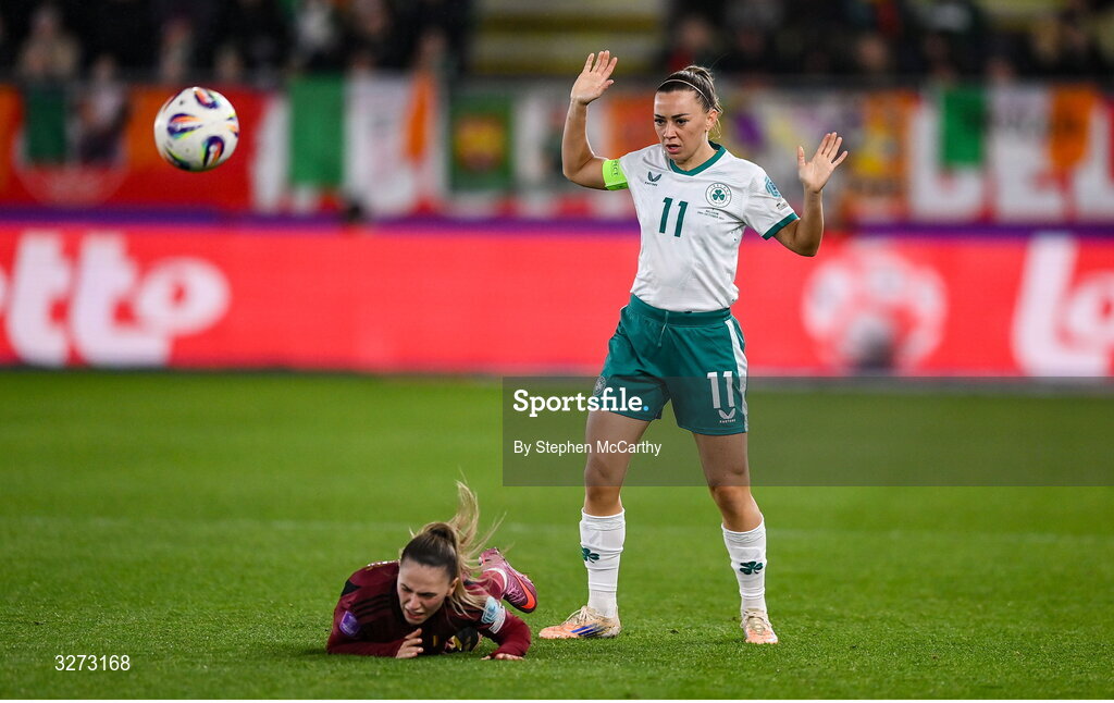 28 October 2025; Katie McCabe of Republic of Ireland in action against Jill Janssens of Belgium during the UEFA Women's Nations League A/B promotion/relegation play-off second leg match between Belgium and Republic of Ireland at The King Power At Den Dreef Stadium in Leuven, Belgium. Photo by Stephen McCarthy/Sportsfile