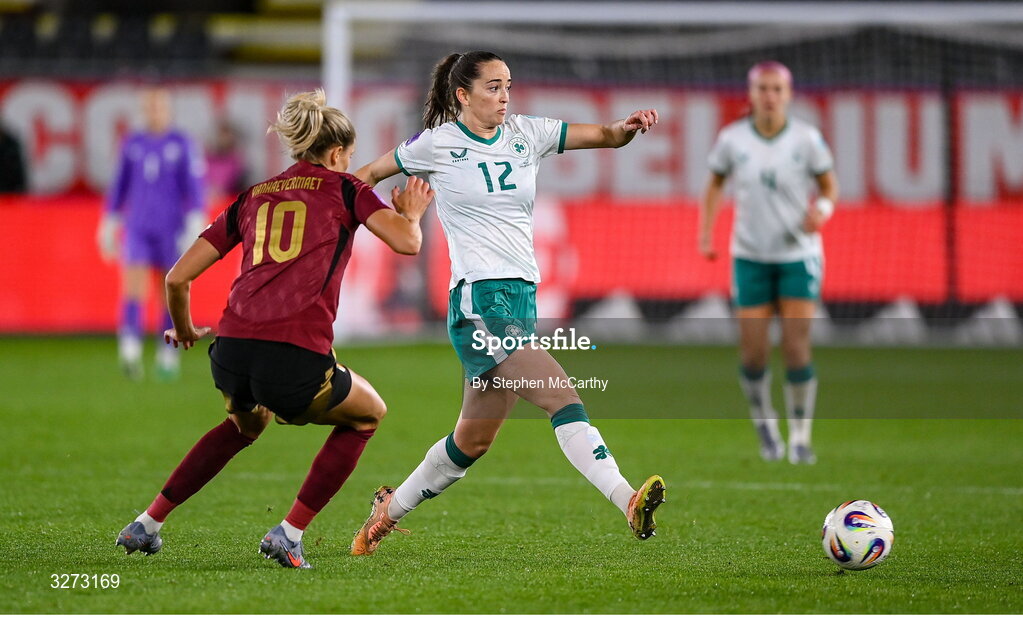 28 October 2025; Anna Patten of Republic of Ireland in action against Justine Vanhaevermaet of Belgium during the UEFA Women's Nations League A/B promotion/relegation play-off second leg match between Belgium and Republic of Ireland at The King Power At Den Dreef Stadium in Leuven, Belgium. Photo by Stephen McCarthy/Sportsfile