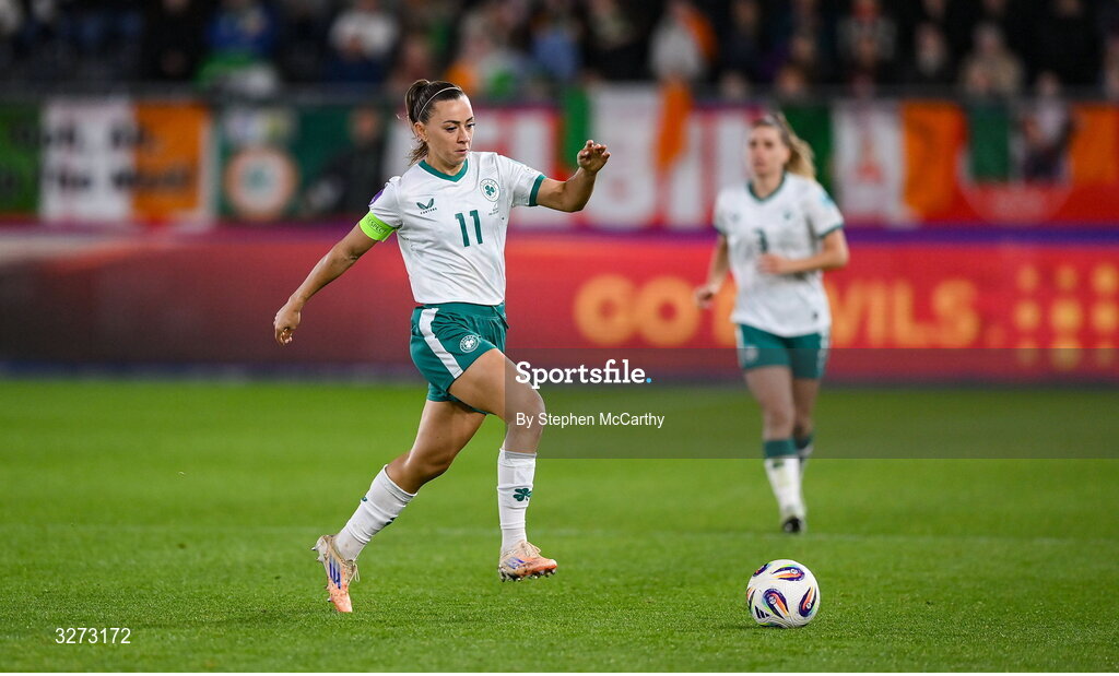 28 October 2025; Katie McCabe of Republic of Ireland during the UEFA Women's Nations League A/B promotion/relegation play-off second leg match between Belgium and Republic of Ireland at The King Power At Den Dreef Stadium in Leuven, Belgium. Photo by Stephen McCarthy/Sportsfile