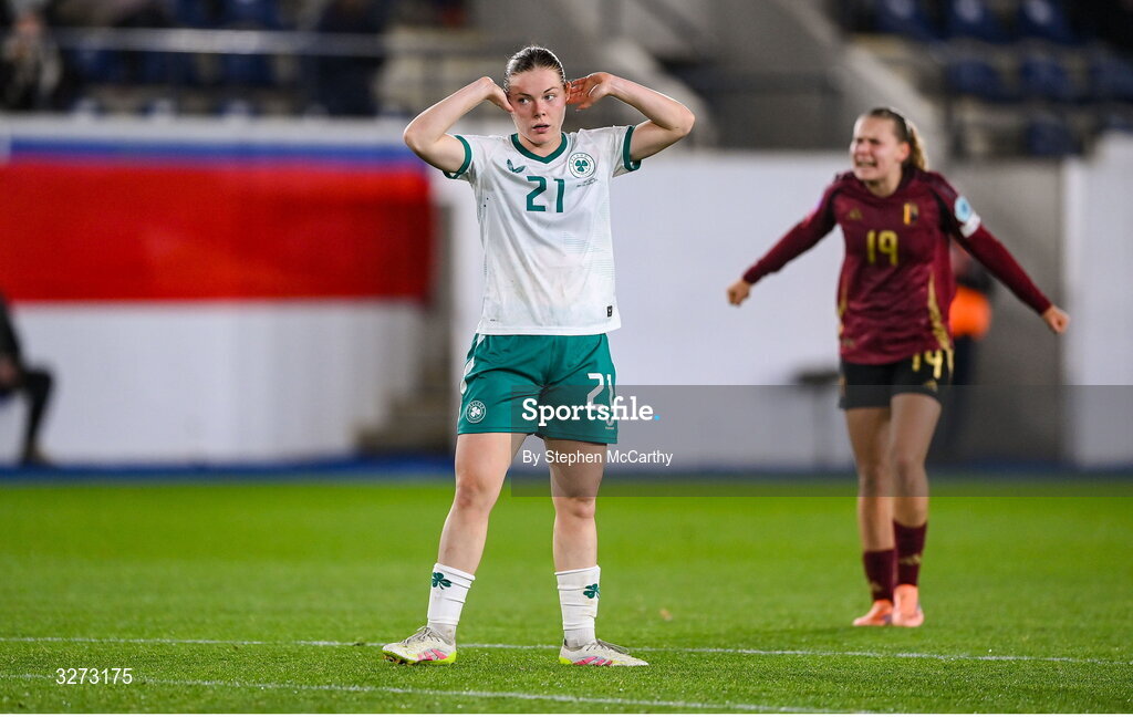 28 October 2025; Emily Murphy of Republic of Ireland reacts during the UEFA Women's Nations League A/B promotion/relegation play-off second leg match between Belgium and Republic of Ireland at The King Power At Den Dreef Stadium in Leuven, Belgium. Photo by Stephen McCarthy/Sportsfile