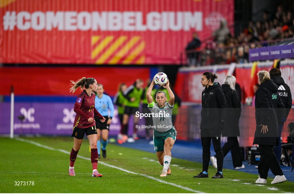 28 October 2025; Katie McCabe of Republic of Ireland takes a throw-in during the UEFA Women's Nations League A/B promotion/relegation play-off second leg match between Belgium and Republic of Ireland at The King Power At Den Dreef Stadium in Leuven, Belgium. Photo by Stephen McCarthy/Sportsfile