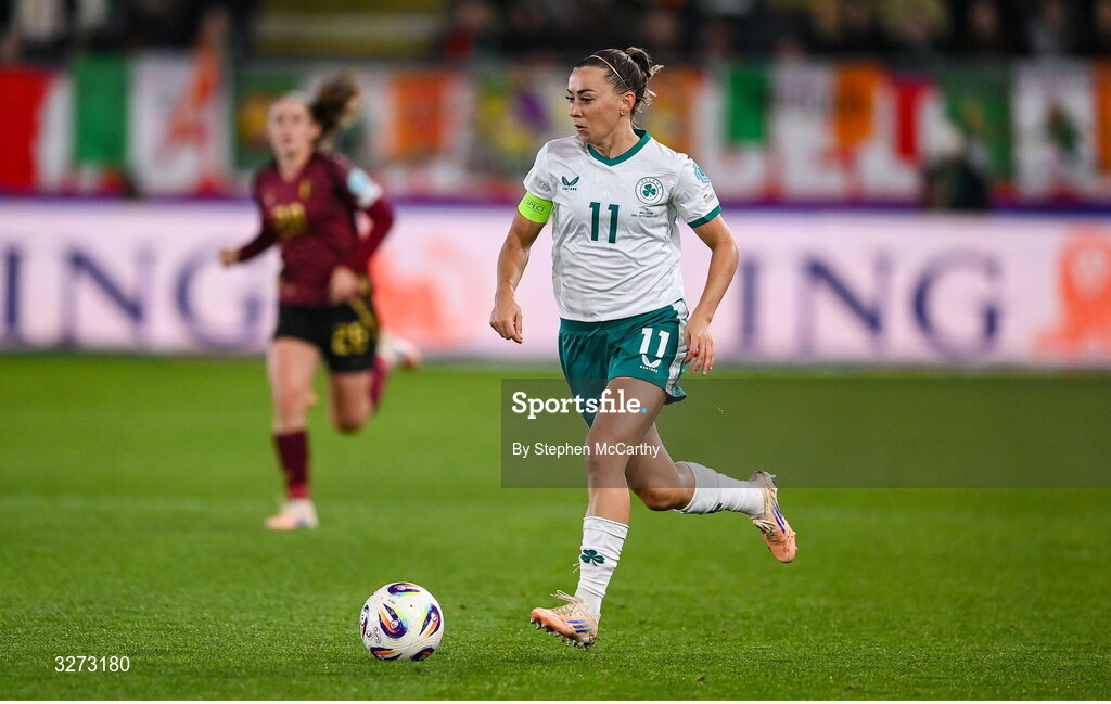 28 October 2025; Katie McCabe of Republic of Ireland during the UEFA Women's Nations League A/B promotion/relegation play-off second leg match between Belgium and Republic of Ireland at The King Power At Den Dreef Stadium in Leuven, Belgium. Photo by Stephen McCarthy/Sportsfile