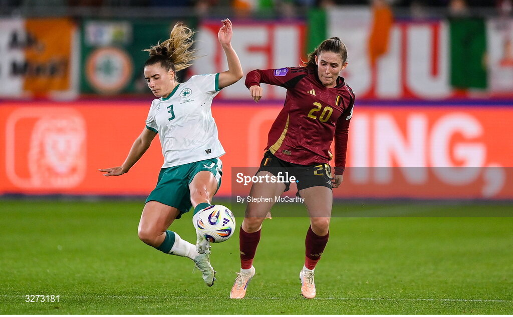 28 October 2025; Marie Detruyer of Belgium in action against Chloe Mustaki of Republic of Ireland during the UEFA Women's Nations League A/B promotion/relegation play-off second leg match between Belgium and Republic of Ireland at The King Power At Den Dreef Stadium in Leuven, Belgium. Photo by Stephen McCarthy/Sportsfile
