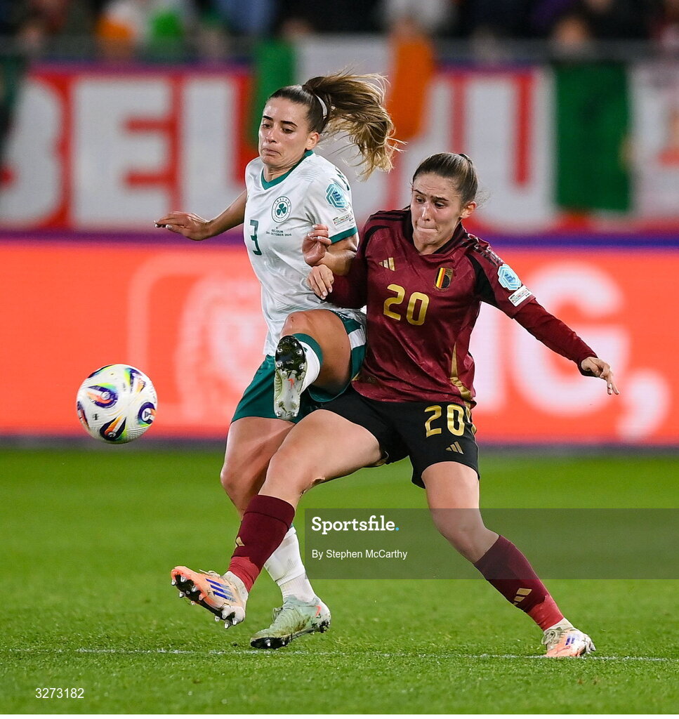 28 October 2025; Marie Detruyer of Belgium in action against Chloe Mustaki of Republic of Ireland during the UEFA Women's Nations League A/B promotion/relegation play-off second leg match between Belgium and Republic of Ireland at The King Power At Den Dreef Stadium in Leuven, Belgium. Photo by Stephen McCarthy/Sportsfile