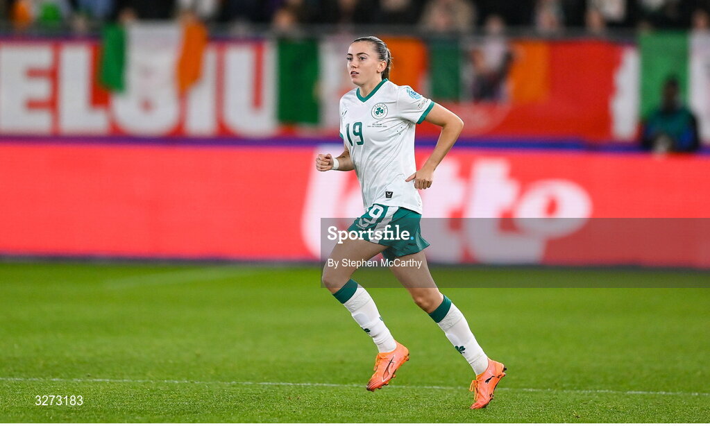 28 October 2025; Abbie Larkin of Republic of Ireland during the UEFA Women's Nations League A/B promotion/relegation play-off second leg match between Belgium and Republic of Ireland at The King Power At Den Dreef Stadium in Leuven, Belgium. Photo by Stephen McCarthy/Sportsfile
