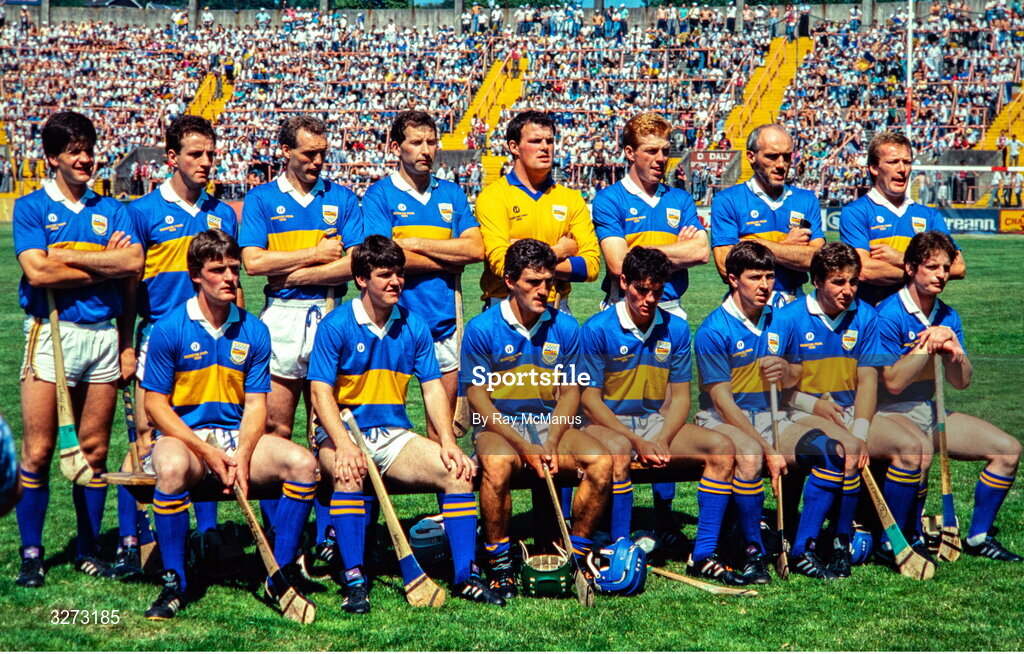 2 July 1989; The Tipperary team, back, from left, Joe Hayes, John Heffernan, Noel Sheehy, Conor O'Donovan, Ken Hogan, Declan Ryan, Cormac Bonnar and Bobby Ryan, with, front, from left, Nicky English, Michael Cleary, Colm Bonnar, Conal Bonnar, Pat Fox, John Leahy and Pat Delaney before the Munster Senior Hurling Championship Final match between Tipperary and Waterford at Páirc Uí Chaoimh in Cork. Photo by Ray McManus/Sportsfile