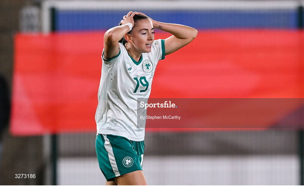 28 October 2025; Abbie Larkin of Republic of Ireland reacts after a missed opportunity on goal during the UEFA Women's Nations League A/B promotion/relegation play-off second leg match between Belgium and Republic of Ireland at The King Power At Den Dreef Stadium in Leuven, Belgium. Photo by Stephen McCarthy/Sportsfile