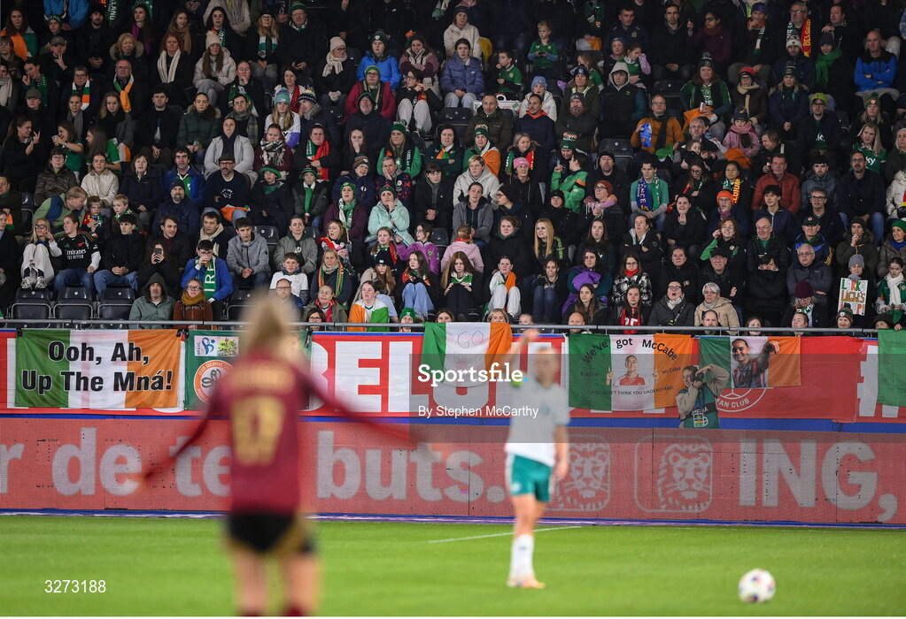 28 October 2025; Republic of Ireland supporters during the UEFA Women's Nations League A/B promotion/relegation play-off second leg match between Belgium and Republic of Ireland at The King Power At Den Dreef Stadium in Leuven, Belgium. Photo by Stephen McCarthy/Sportsfile