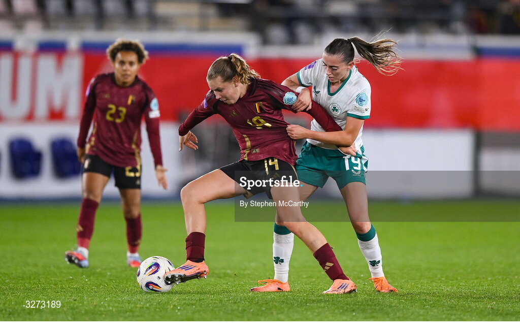 28 October 2025; Jarne Teulings of Belgium in action against Abbie Larkin of Republic of Ireland during the UEFA Women's Nations League A/B promotion/relegation play-off second leg match between Belgium and Republic of Ireland at The King Power At Den Dreef Stadium in Leuven, Belgium. Photo by Stephen McCarthy/Sportsfile