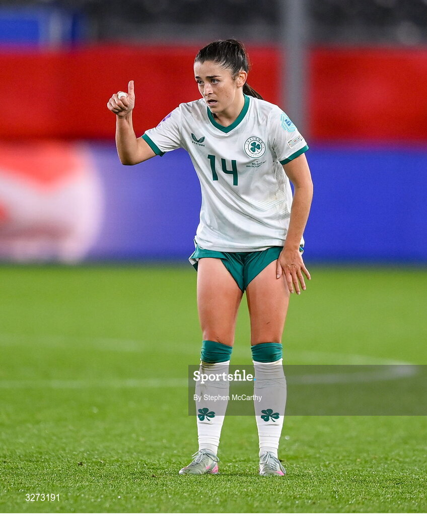 28 October 2025; Marissa Sheva of Republic of Ireland during the UEFA Women's Nations League A/B promotion/relegation play-off second leg match between Belgium and Republic of Ireland at The King Power At Den Dreef Stadium in Leuven, Belgium. Photo by Stephen McCarthy/Sportsfile