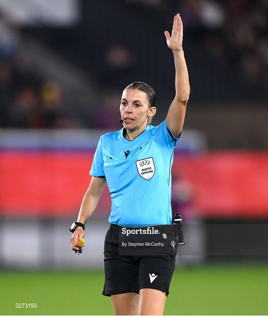 28 October 2025; Referee Stéphanie Frappart during the UEFA Women's Nations League A/B promotion/relegation play-off second leg match between Belgium and Republic of Ireland at The King Power At Den Dreef Stadium in Leuven, Belgium. Photo by Stephen McCarthy/Sportsfile