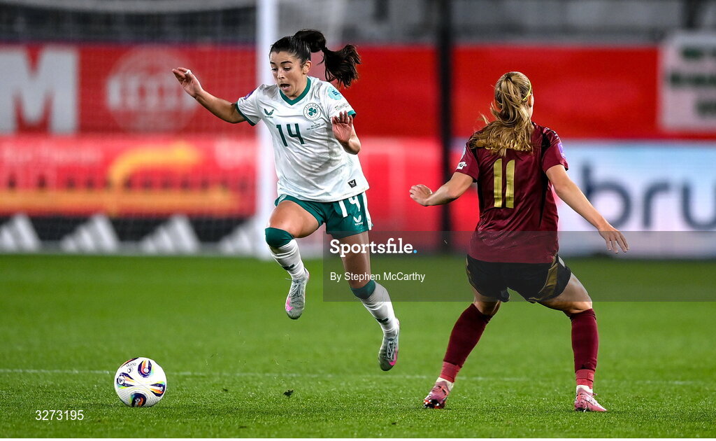 28 October 2025; Marissa Sheva of Republic of Ireland in action against Janice Cayman of Belgium during the UEFA Women's Nations League A/B promotion/relegation play-off second leg match between Belgium and Republic of Ireland at The King Power At Den Dreef Stadium in Leuven, Belgium. Photo by Stephen McCarthy/Sportsfile