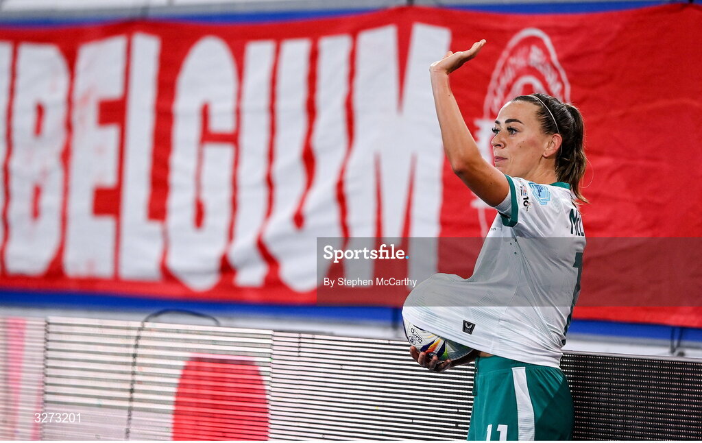 28 October 2025; Katie McCabe of Republic of Ireland prepares to take a throw-in during the UEFA Women's Nations League A/B promotion/relegation play-off second leg match between Belgium and Republic of Ireland at The King Power At Den Dreef Stadium in Leuven, Belgium. Photo by Stephen McCarthy/Sportsfile