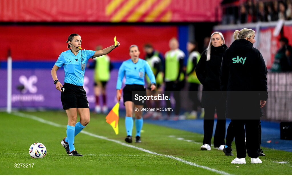 28 October 2025; Referee Stéphanie Frappart shows a yellow card in the direction of Republic of Ireland head coach Carla Ward and the Republic of Ireland bench during the UEFA Women's Nations League A/B promotion/relegation play-off second leg match between Belgium and Republic of Ireland at The King Power At Den Dreef Stadium in Leuven, Belgium. Photo by Stephen McCarthy/Sportsfile
