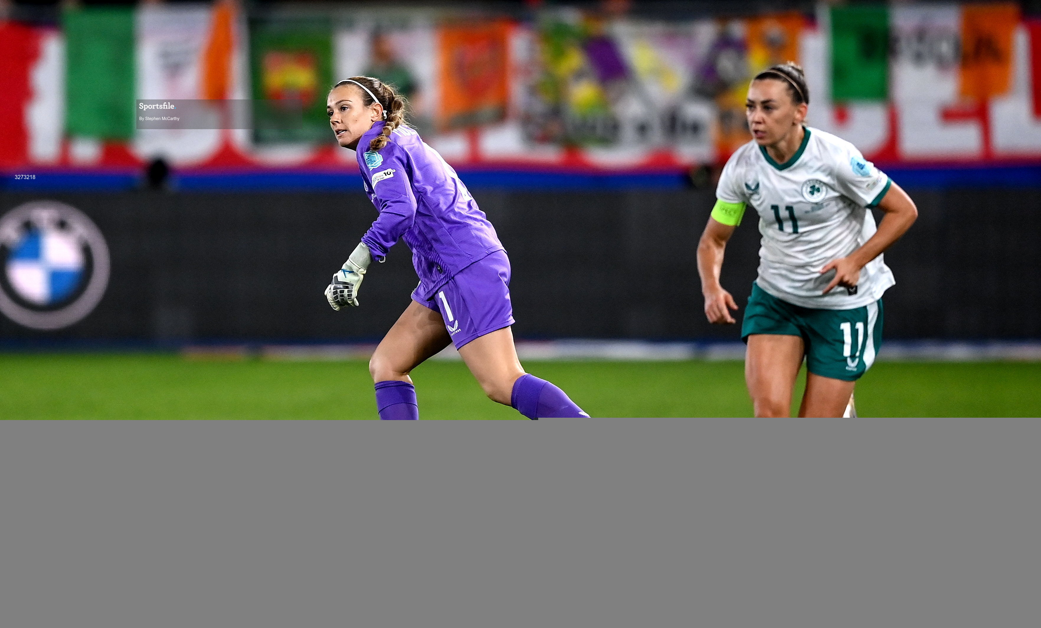 28 October 2025; Katie McCabe of Republic of Ireland and Republic of Ireland goalkeeper Grace Moloney during the UEFA Women's Nations League A/B promotion/relegation play-off second leg match between Belgium and Republic of Ireland at The King Power At Den Dreef Stadium in Leuven, Belgium. Photo by Stephen McCarthy/Sportsfile