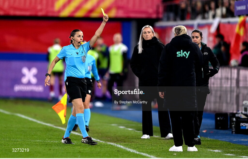 28 October 2025; Referee Stéphanie Frappart shows a yellow card in the direction of Republic of Ireland head coach Carla Ward and the Republic of Ireland bench during the UEFA Women's Nations League A/B promotion/relegation play-off second leg match between Belgium and Republic of Ireland at The King Power At Den Dreef Stadium in Leuven, Belgium. Photo by Stephen McCarthy/Sportsfile