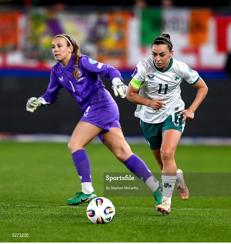28 October 2025; Katie McCabe of Republic of Ireland and Republic of Ireland goalkeeper Grace Moloney during the UEFA Women's Nations League A/B promotion/relegation play-off second leg match between Belgium and Republic of Ireland at The King Power At Den Dreef Stadium in Leuven, Belgium. Photo by Stephen McCarthy/Sportsfile