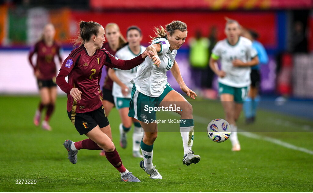 28 October 2025; Kyra Carusa of Republic of Ireland in action against Sari Kees of Belgium during the UEFA Women's Nations League A/B promotion/relegation play-off second leg match between Belgium and Republic of Ireland at The King Power At Den Dreef Stadium in Leuven, Belgium. Photo by Stephen McCarthy/Sportsfile