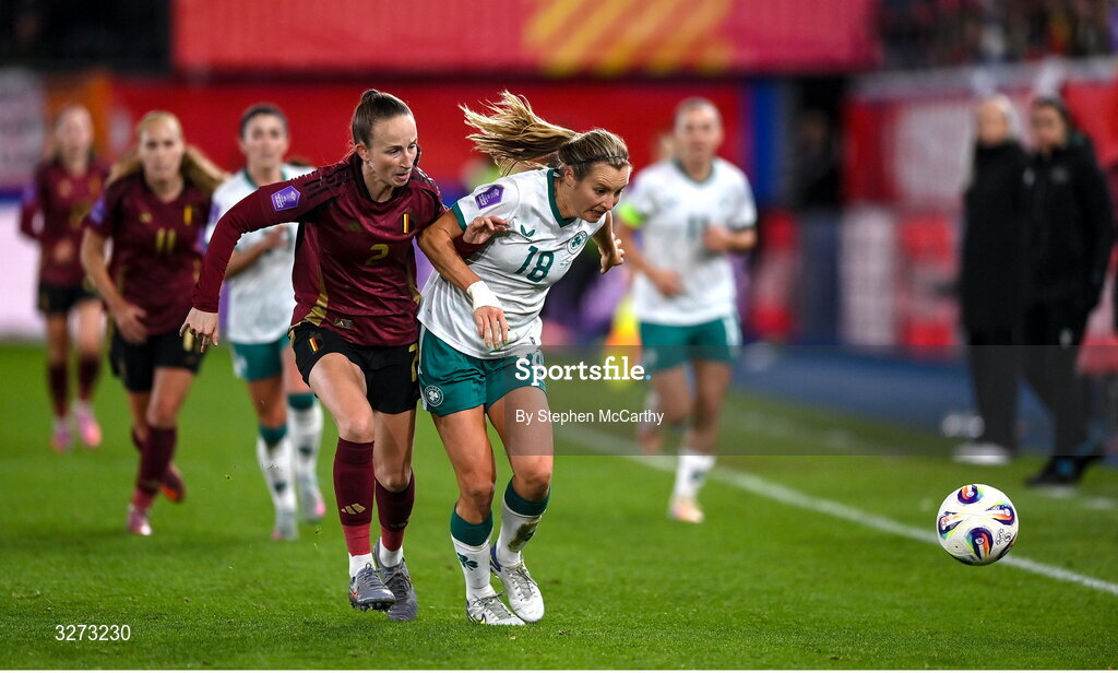 28 October 2025; Kyra Carusa of Republic of Ireland in action against Sari Kees of Belgium during the UEFA Women's Nations League A/B promotion/relegation play-off second leg match between Belgium and Republic of Ireland at The King Power At Den Dreef Stadium in Leuven, Belgium. Photo by Stephen McCarthy/Sportsfile