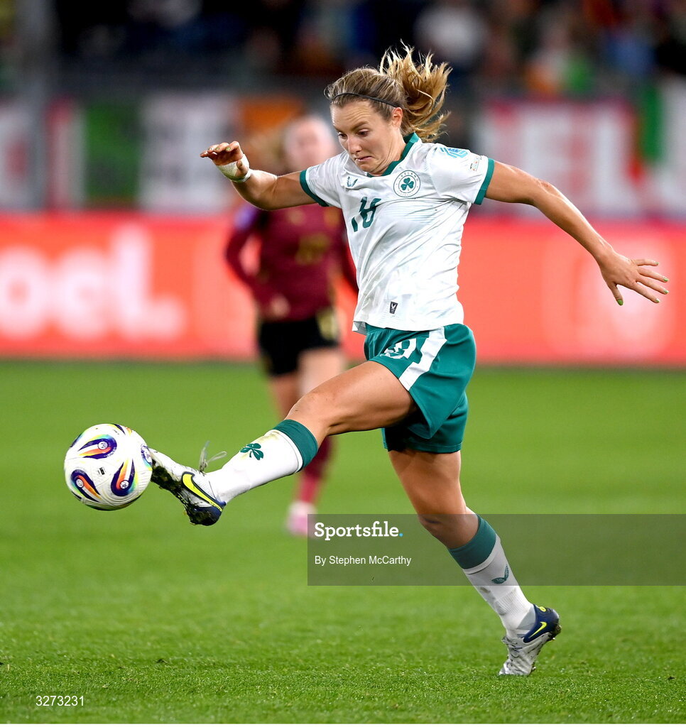28 October 2025; Kyra Carusa of Republic of Ireland during the UEFA Women's Nations League A/B promotion/relegation play-off second leg match between Belgium and Republic of Ireland at The King Power At Den Dreef Stadium in Leuven, Belgium. Photo by Stephen McCarthy/Sportsfile
