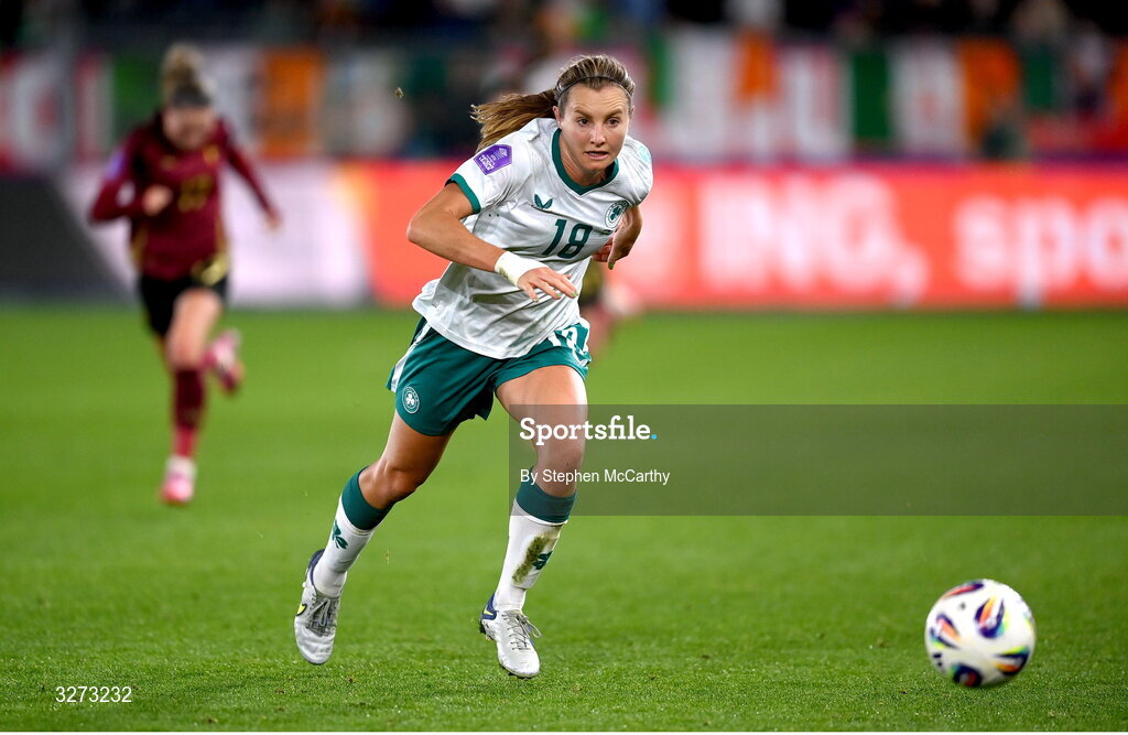 28 October 2025; Kyra Carusa of Republic of Ireland during the UEFA Women's Nations League A/B promotion/relegation play-off second leg match between Belgium and Republic of Ireland at The King Power At Den Dreef Stadium in Leuven, Belgium. Photo by Stephen McCarthy/Sportsfile