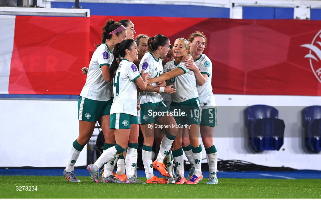 28 October 2025; Abbie Larkin of Republic of Ireland, centre, celebrates with teammates after scoring her side's first goal during the UEFA Women's Nations League A/B promotion/relegation play-off second leg match between Belgium and Republic of Ireland at The King Power At Den Dreef Stadium in Leuven, Belgium. Photo by Stephen McCarthy/Sportsfile